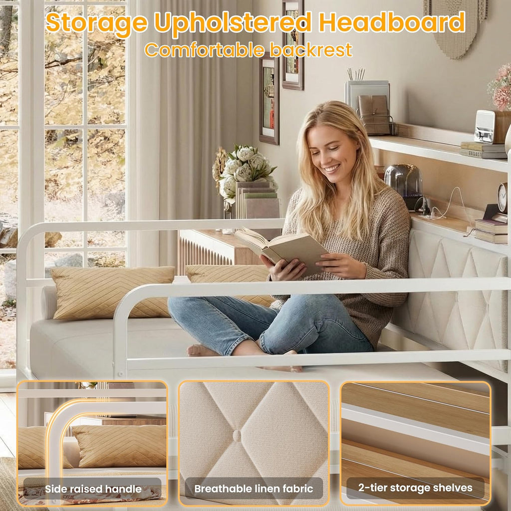 LIKIMIO Twin Daybed with Trundle, 700lbs Capacity, LED Lights & Charging Station, Twin Bed Frame with Storage, Convertible Sofa Bed for Bedroom, Living Room, White