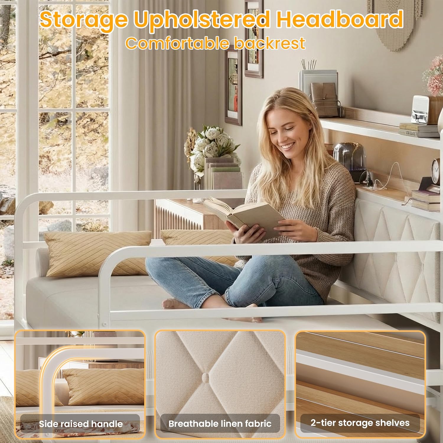 LIKIMIO Twin Daybed with Trundle, 700lbs Capacity, LED Lights & Charging Station, Twin Bed Frame with Storage, Convertible Sofa Bed for Bedroom, Living Room, White