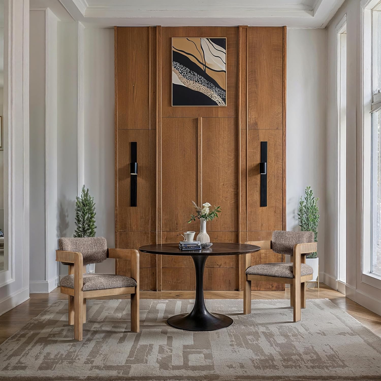 Meridian Furniture Sacha Collection Art Deco Dining Chair, Solid Fluted Wood, 22.5' W x 22' D x 31' H, Set of 2 (Brown, Natural Finish, Linen Textured Fabric)