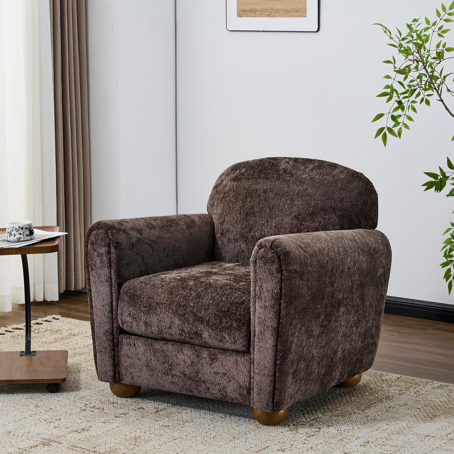 Christopher Knight Home Peysz Modern Accent Chair, Chenille Upholstered Armchair with Rounded Wooden Legs, Comfortable Single Sofa, Soft Cushion Seating, Lounge Chair Indoor, Dark Brown