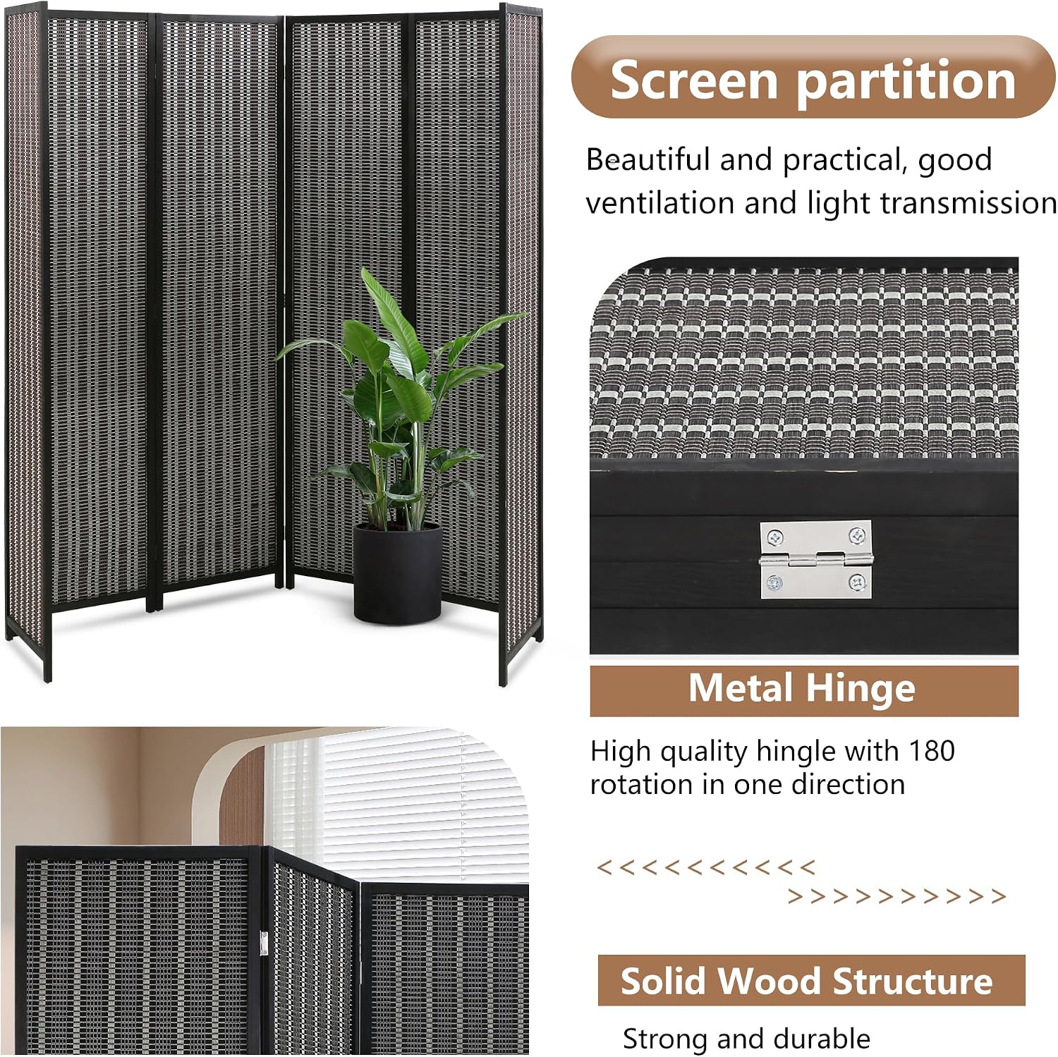 FDW Bamboo Room Divider Folding Privacy Screen 6 Panel 70 Inches High 17 Inches Wide Room Divider for Bedroom Office Study,Coal Black