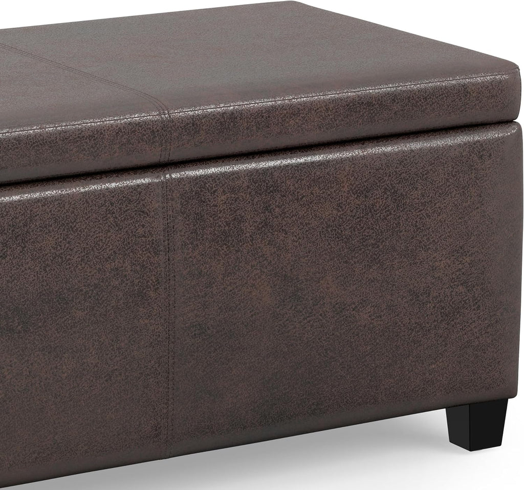 SIMPLIHOME Avalon Storage Ottoman Bench - 48' Wide x 16' High Upholstered Vegan Leather Rectangular Lift-Top Ottoman in Distressed Brown, Contemporary Bench for Living Room with High-Density Foam
