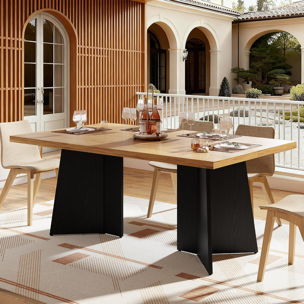 GarveeHome Dining Table for 6-8 People - 63' Modern Long Kitchen Table with Large Tabletop & Heavy Duty Pedestal Legs, Dinner Table for Kitchen, Conference Room, Home, Natural & Black