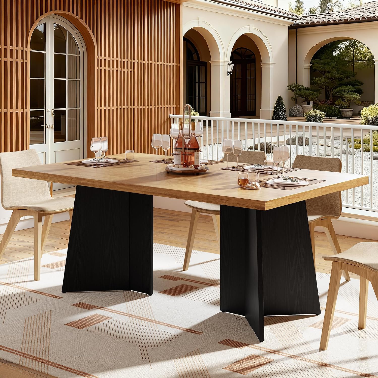 GarveeHome Dining Table for 6-8 People - 63' Modern Long Kitchen Table with Large Tabletop & Heavy Duty Pedestal Legs, Dinner Table for Kitchen, Conference Room, Home, Natural & Black