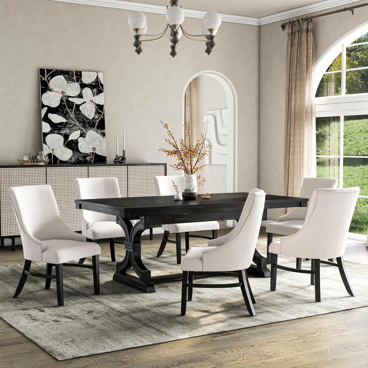 Furniture of America Drystan Farmhouse Wood 7 Piece Rectangle Dining Table Set with Upholstered Chairs, Seats up to 6, for Home, Kitchen, Living Room, Black