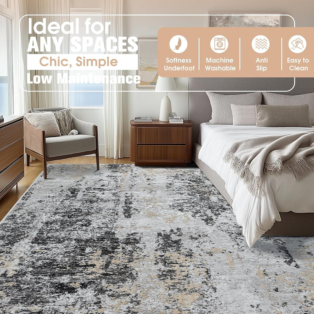 10x14 Area Rugs for Living Room Rug Washable: Abstract Large Rug Indoor Modern Carpet Non Slip for Dining Room Bedroom Nursery Home Office Black Grey Gold