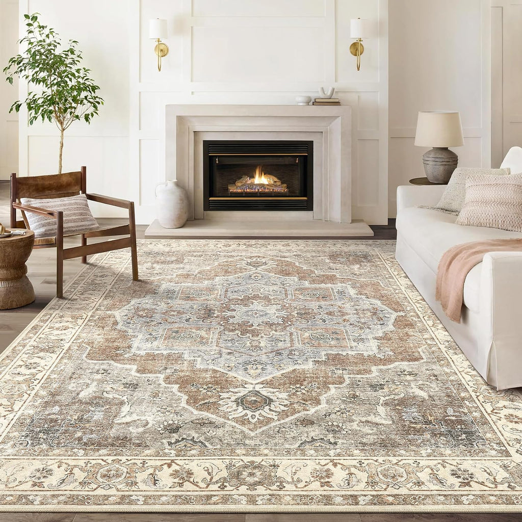 8x10 Washable Area Rug: Vintage Neutral Soft Non Slip Thin Large Floor Carpet for Living Room Bedroom Kitchen Dining Room Home Office Farmhouse Indoor - Grey Brown