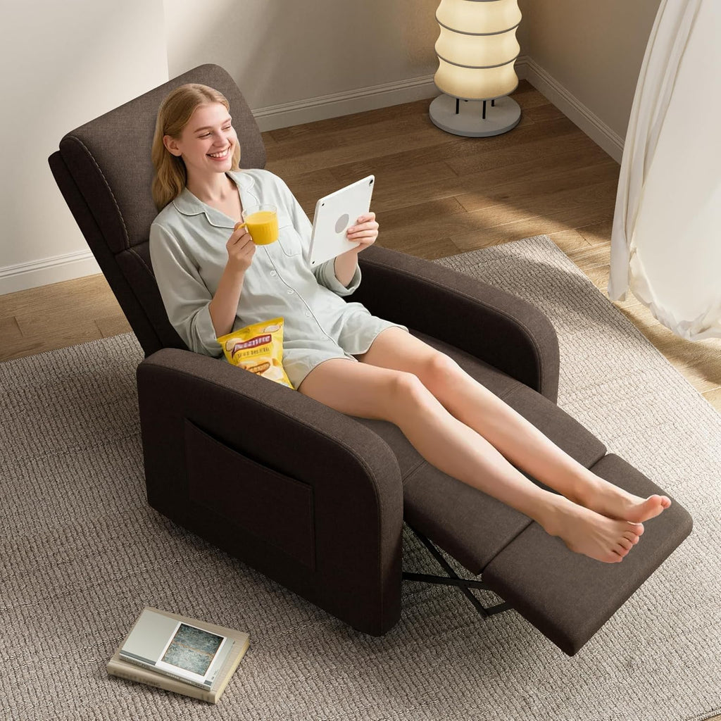 GarveeHome Linen Fabric Manual Recliner Chair, with Side Pocket, High Backrest, Thick Cushion, Adjustable Push Back Recliner, Lazy Lounge Chair for Living Room, Home Theater, Bedroom, Brown