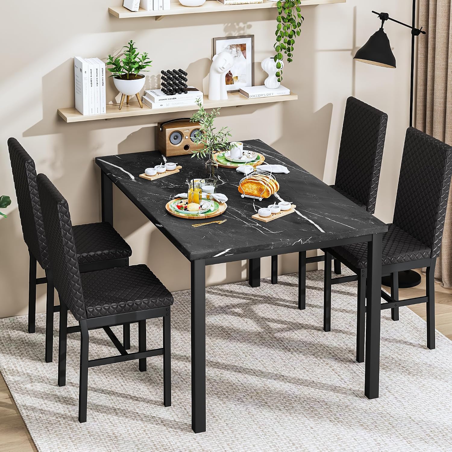 DKLGG Dining Table Set for 4, Faux Marble Kitchen Table with Velvet Upholstered Dinner Chairs, Small Dining Room Sets for Small Space Apartment Home