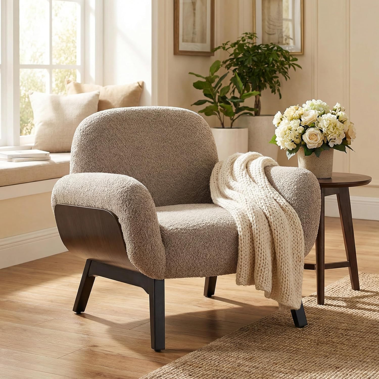 Christopher Knight Home Audrey Boucle Upholstered Accent Chair, Living Room Low Profile Armchair, Solid Wood Comfy Reading Chair, Modern Single Lounge Sofa, Light Camel