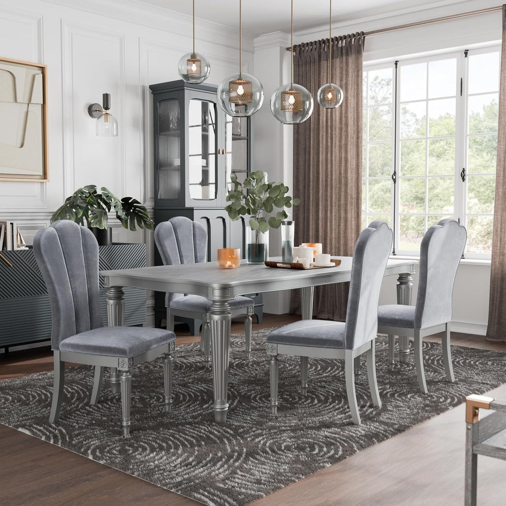 Furniture of America Seabliss Glam Solid Wood 5 Piece Dining Table Set with Upholstered Chairs, Turned Fluted Legs Design, Seats up to 4, for Home, Kitchen, Living Room, Silver