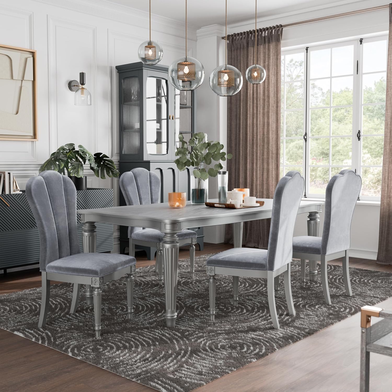 Furniture of America Seabliss Glam Solid Wood 5 Piece Dining Table Set with Upholstered Chairs, Turned Fluted Legs Design, Seats up to 4, for Home, Kitchen, Living Room, Silver