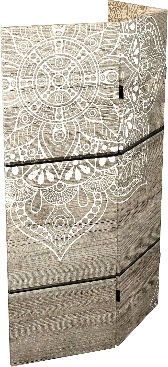 Red Lantern 4 ft. Short Double Sided Mandala on Oak Canvas Folding Screen 3 Panel Freestanding Partition and Separator for Modern and Contemporary Bedroom, Home Office, Studio, Dorm, Apartment