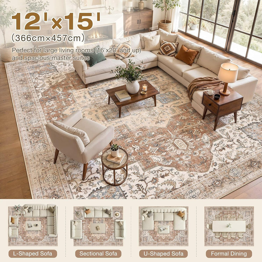 Washable Rug 12x15 Area Rugs: Boho Vintage Distressed Oriental Medallion Neutral Thin Large Rug Carpet for Living Room Bedroom Dining Room Home Office Decor - Brick Red