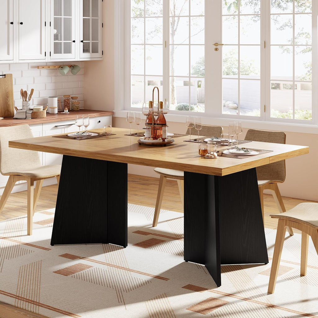 GarveeHome Dining Table for 6-8 People - 63' Modern Long Kitchen Table with Large Tabletop & Heavy Duty Pedestal Legs, Dinner Table for Kitchen, Conference Room, Home, Natural & Black