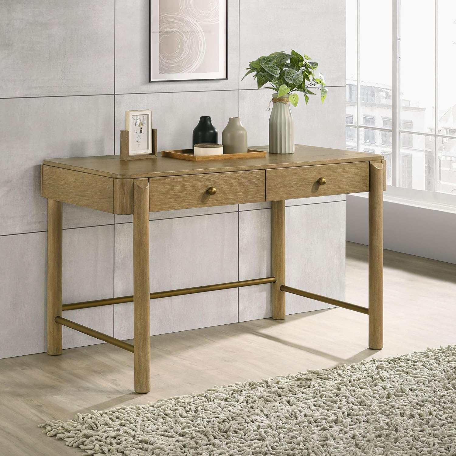 Coaster Home Furnishings - Arini - Wood - 48-Inch Makeup Vanity Desk with Felt-Lined Drawers, Coastal Style and Rounded Front Legs - Bedroom Furniture - Sand Wash - 224307