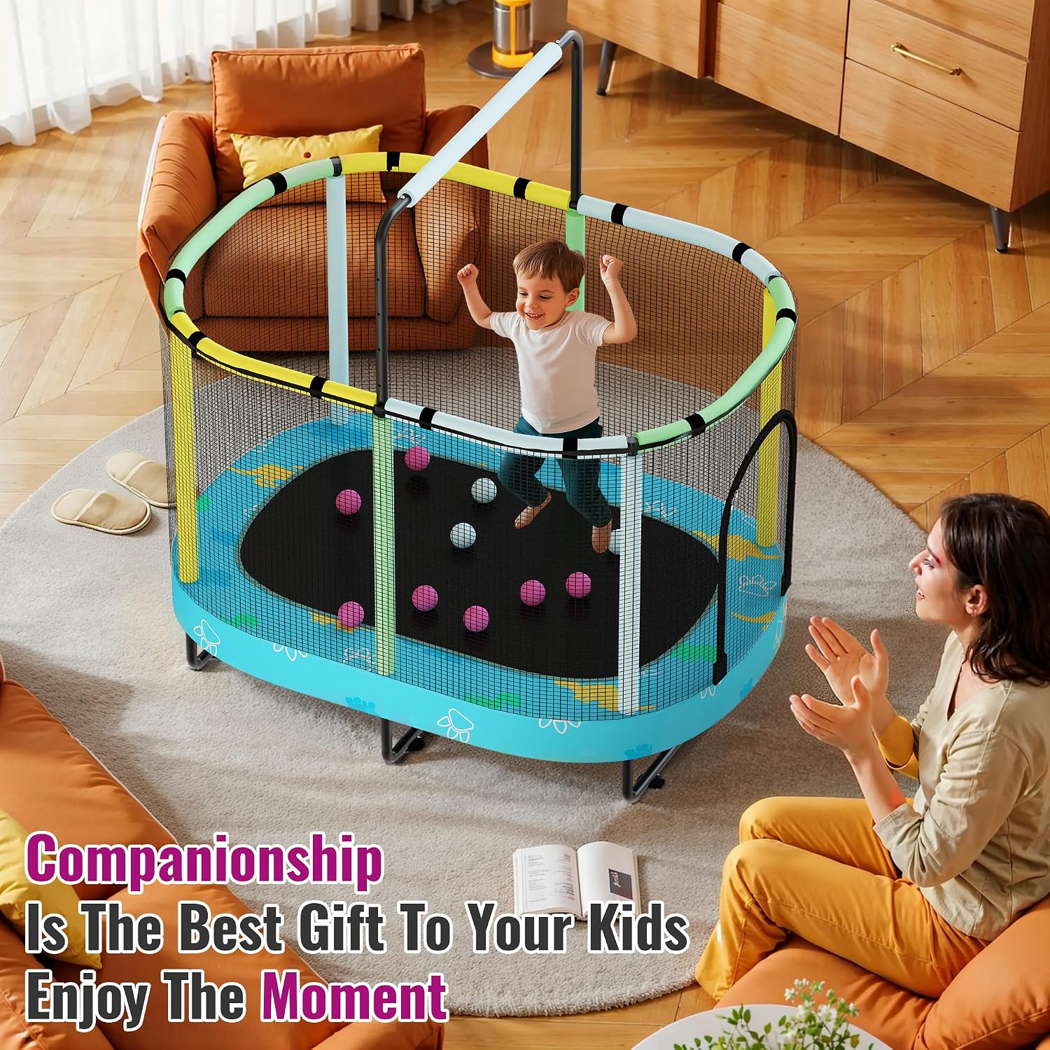 Lamerge Kids Trampoline, Toddler Bouncing Trampoline with Safety Enclosure Net, ASTM-Approved, 500lbs Capacity, Ages 1-8, Adjustable Handrail, 7-in-1, 60'