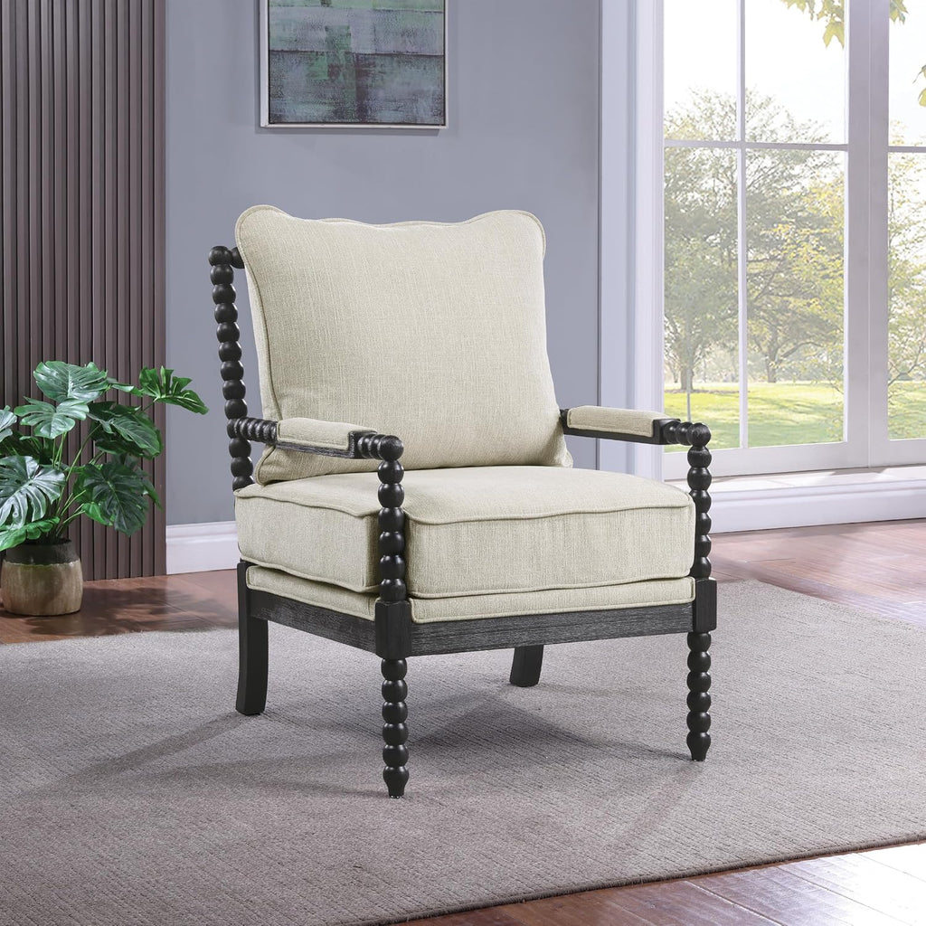 OSP Home Furnishings Eliza Spindle Accent Chair, Linen Fabric with Black Wood