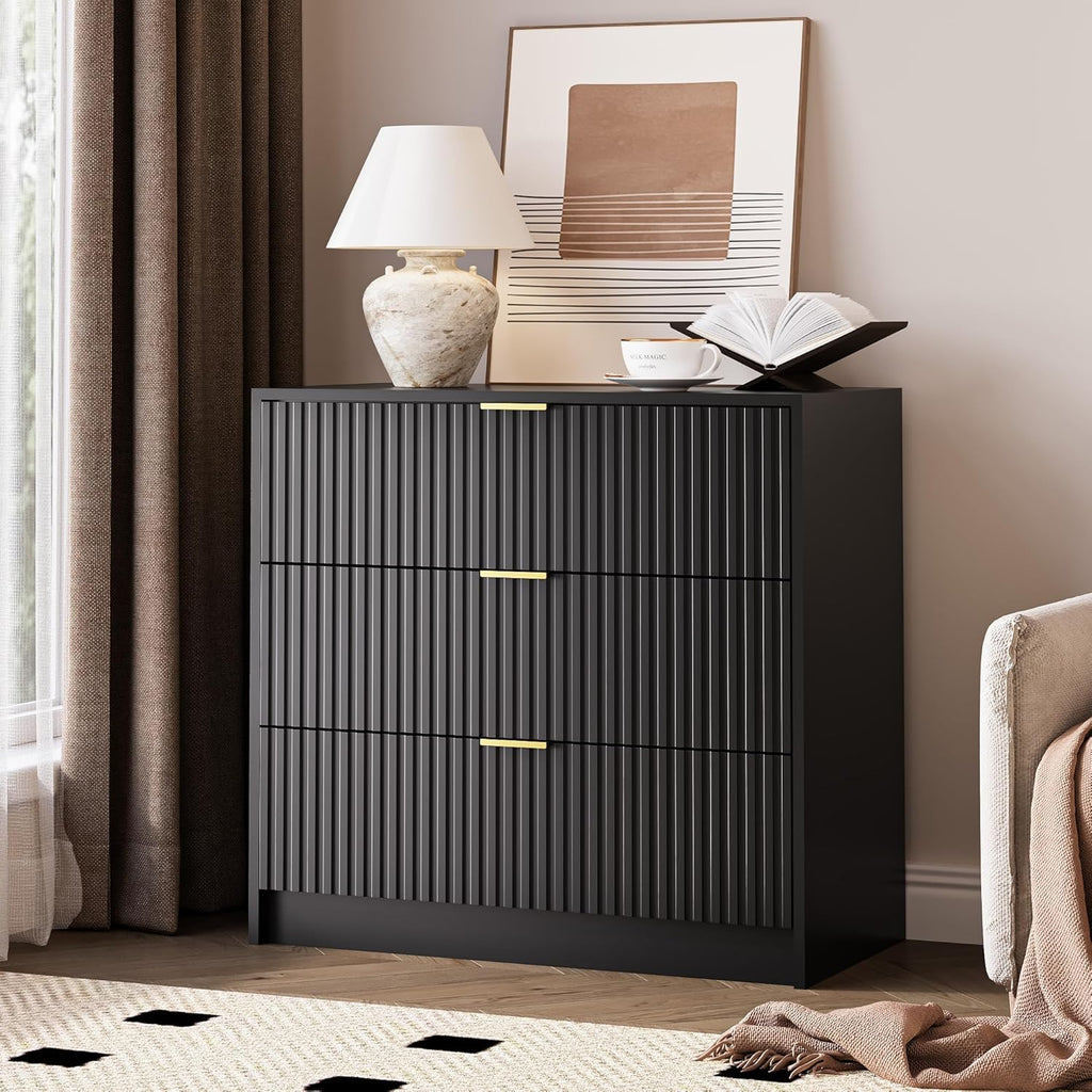 MAISONARIA Black Fluted Dresser for Bedroom, 32 Inch Wide Nightstand with Large Drawer, 3 Drawer End Table for Bedroom, Living Rooms, Offices, and Entryways