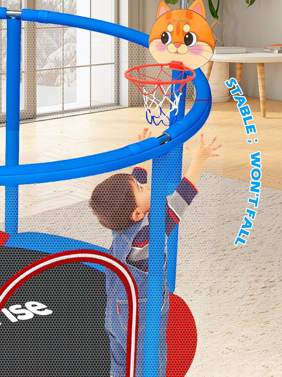 BLUERISE 55IN 6FT Toddler Trampoline for Kids Indoor Outdoor Play for Kids Trampoline Basketball Hoop Attachment with Enclosure Net Easy to Assemble
