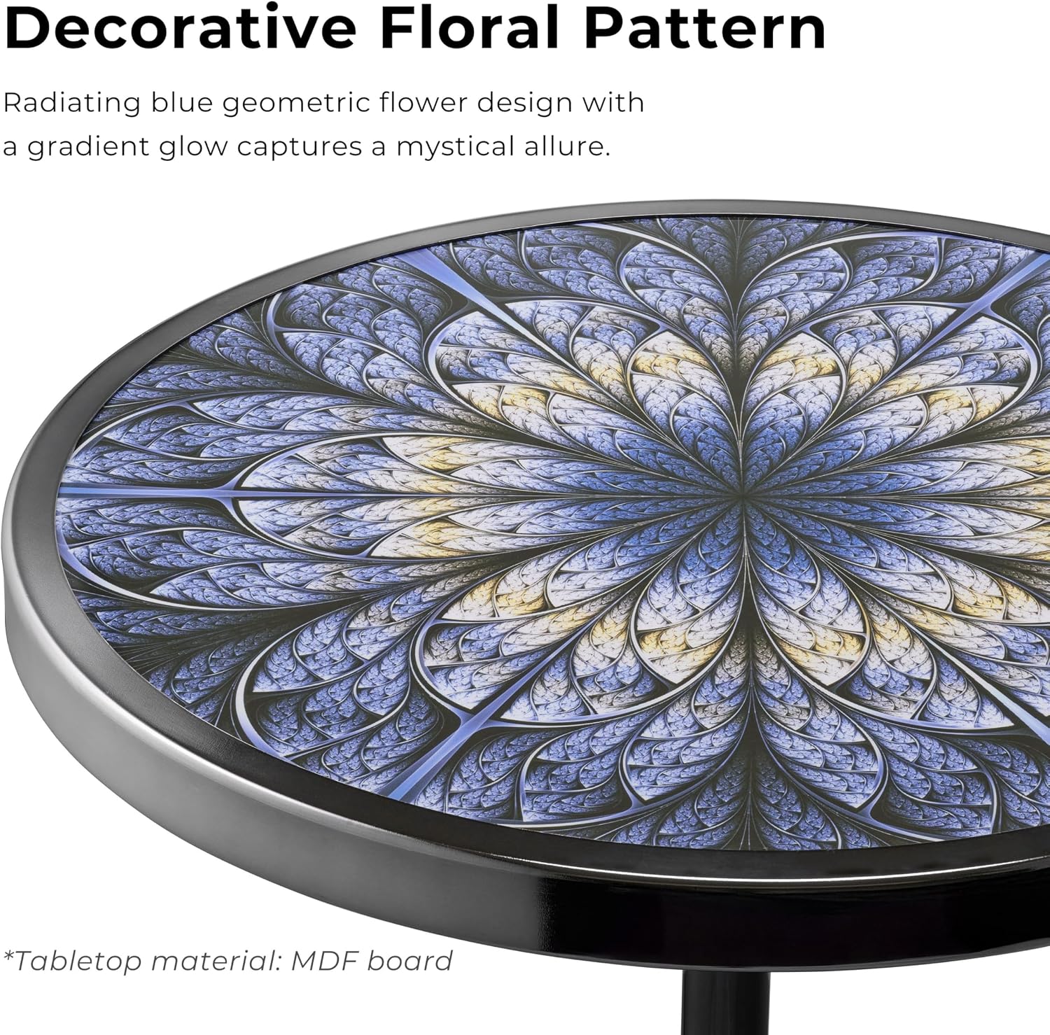 Homes: Inside + Out Halric Modern 24' Tall Round End Table with Printed Tabletop and Iron Metal Base, Accent Furniture, Pedestal Stand for Living Room, Home Office, Black with Geometric Floral