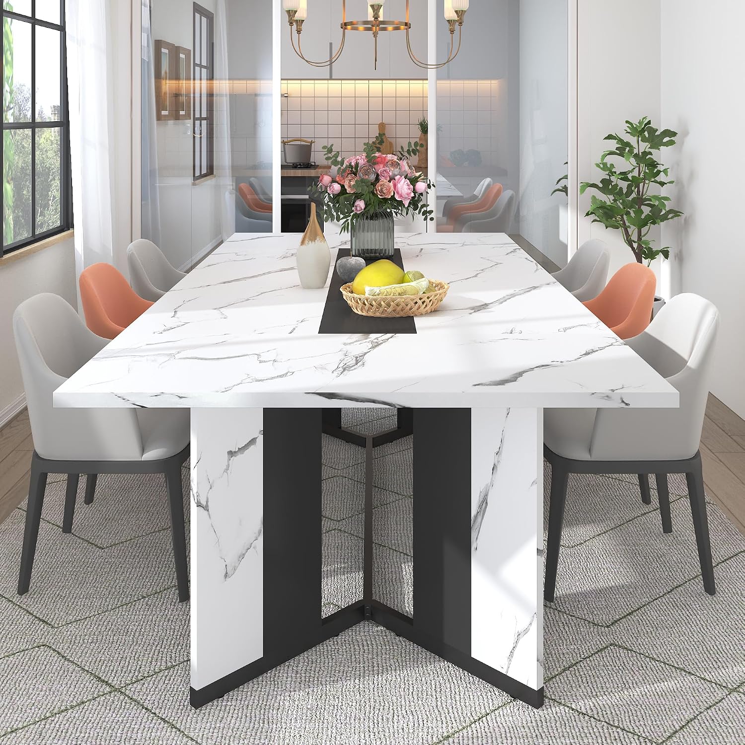 Hlivelood 78Inch Large Dining Table for 6 8 People,Wooden Rectangular Kitchen Table W/Waterproof Tabletop,Large Rectangle Furniture W/Adjustable Legs,White Dinner Table for Kitchen Dining Room(78IN)