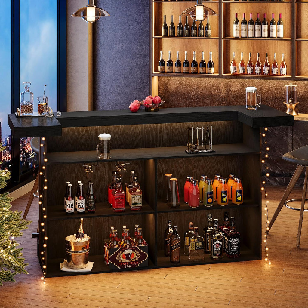 Tribesigns 4-Tier Bar Table, 70.9-Inch Large Wooden Home Bar Unit with Wine Glass Holder and Black Footrest, Pub Table with Storage Shelves for Dining Room, Living Room, Black