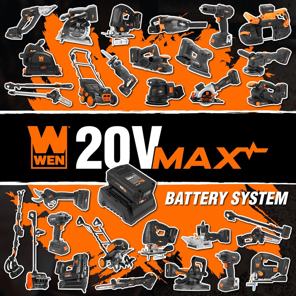 WEN 20418 20V Max Cordless Belt Sander, Variable Speed, Handheld and Portable with 4.0Ah Battery and Charger