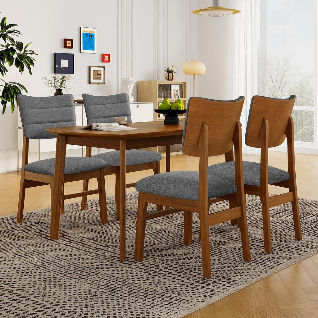 Merax 5 Piece Solid Wood Dining Table Set for 4, Farmhouse Mid-Century Modern and 4 Upholstered Chairs for Home, Kitchen, Apartment, Space Saving, Brown+Gray