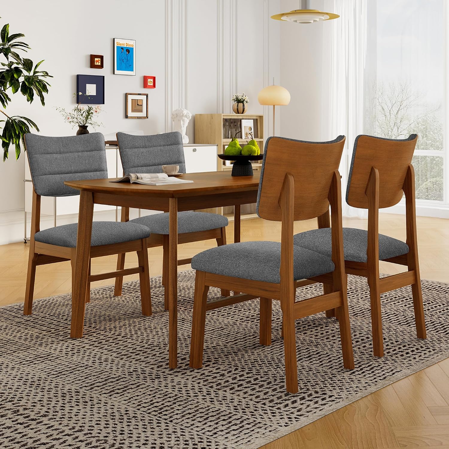 Merax 5 Piece Solid Wood Dining Table Set for 4, Farmhouse Mid-Century Modern and 4 Upholstered Chairs for Home, Kitchen, Apartment, Space Saving, Brown+Gray