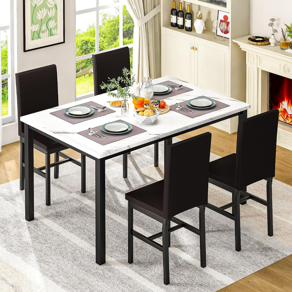 DKLGG Dining Table Set for 4, Modern Kitchen & Dining Room Sets Faux Marble Table with 4 Leather Chairs for Small Space, Home Kitchen, Apartment, White