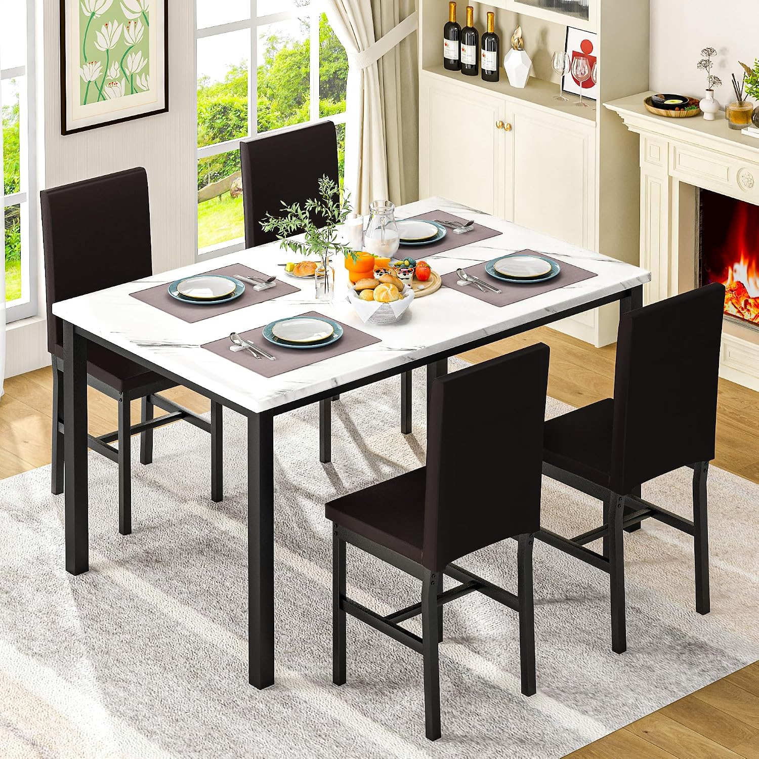 DKLGG Dining Table Set for 4, Modern Kitchen & Dining Room Sets Faux Marble Table with 4 Leather Chairs for Small Space, Home Kitchen, Apartment, White