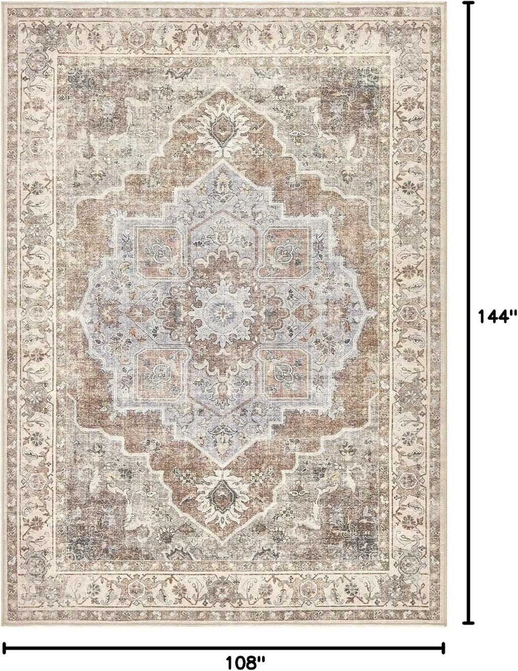9x12 Washable Area Rug: Vintage Neutral Soft Non Slip Thin Large Floor Carpet for Living Room Bedroom Kitchen Dining Room Home Office Farmhouse Indoor - Grey Brown