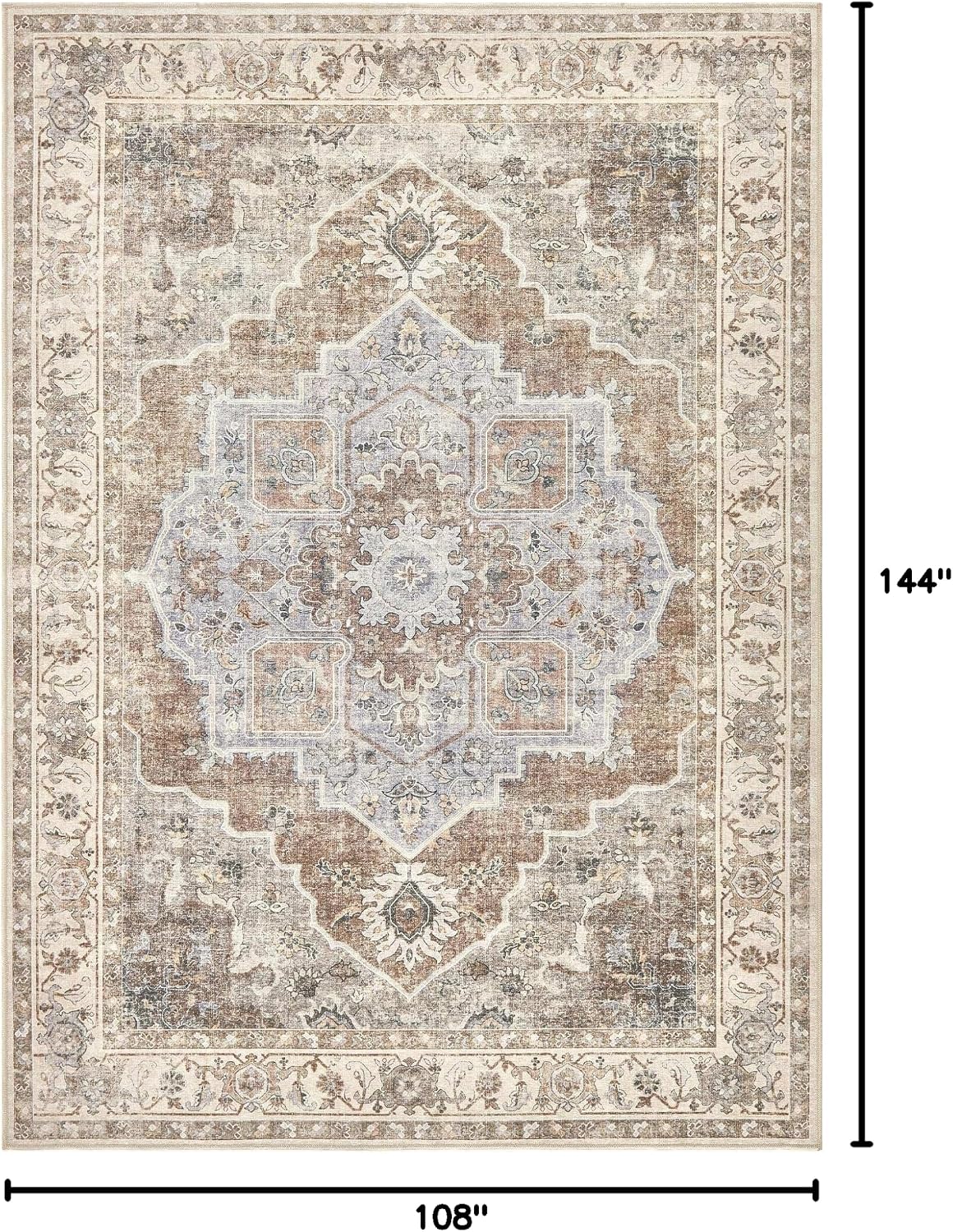 9x12 Washable Area Rug: Vintage Neutral Soft Non Slip Thin Large Floor Carpet for Living Room Bedroom Kitchen Dining Room Home Office Farmhouse Indoor - Grey Brown