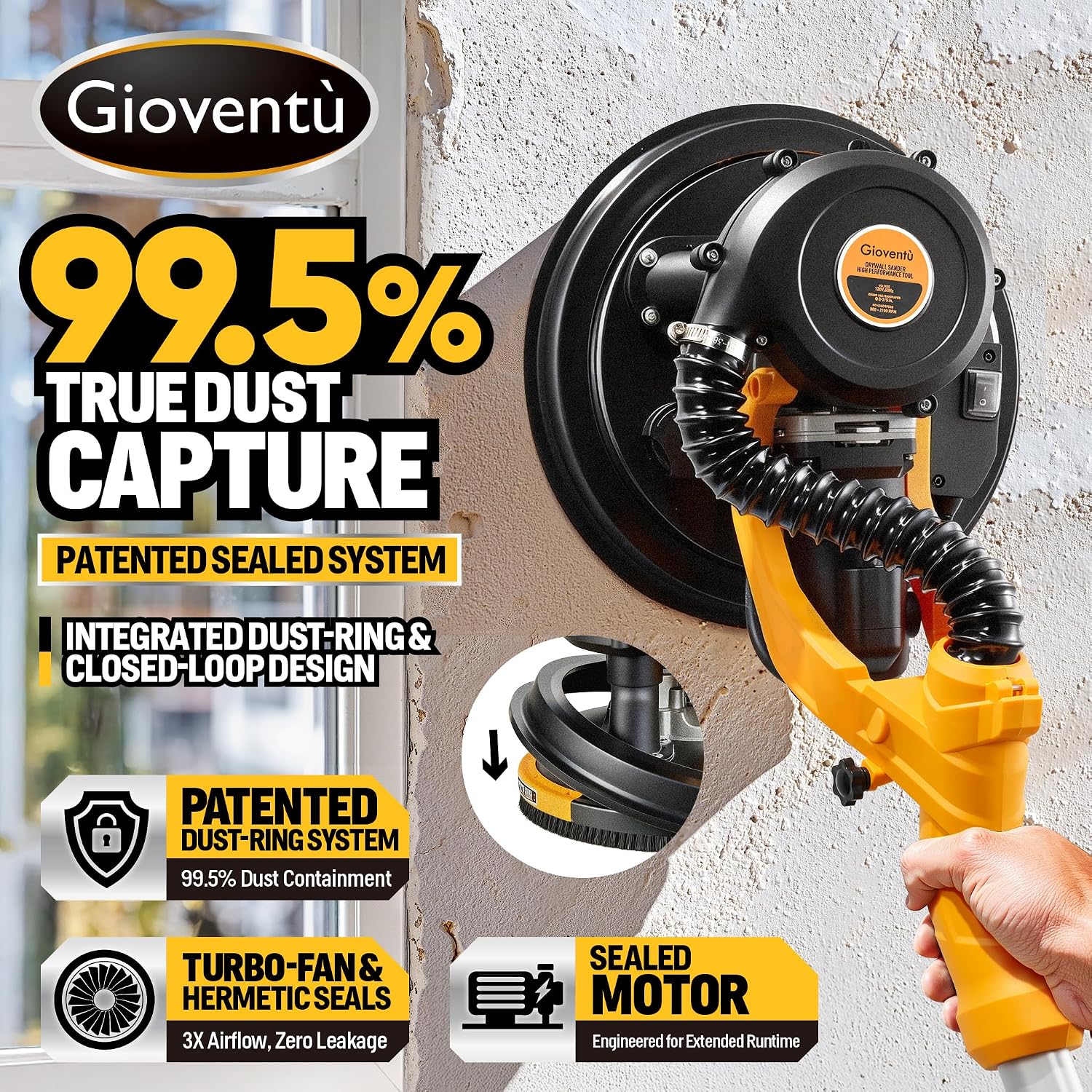 Electric Drywall Sander, 950W Drywall Power Sander with Vacuum Dust Collector, 9 Variable Speed 800-2100RPM, LED Light, Dustless Wall Sander for Drywall, Popcorn Ceiling, Corner etc