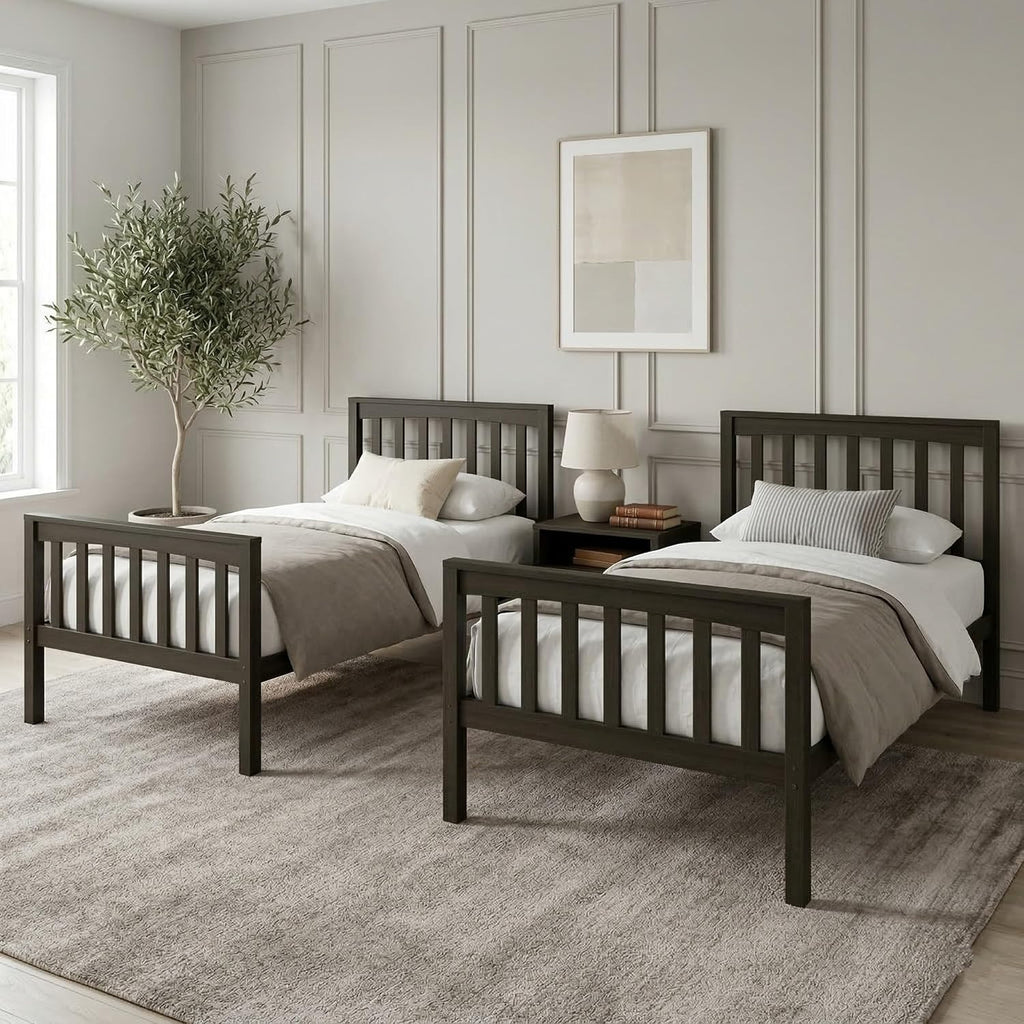HOME DESIGN Ames Twin Over Twin Solid Wood Standard Bunk Bed with Guardrails and Ladder, Convertible to Two Twin Beds, Gray