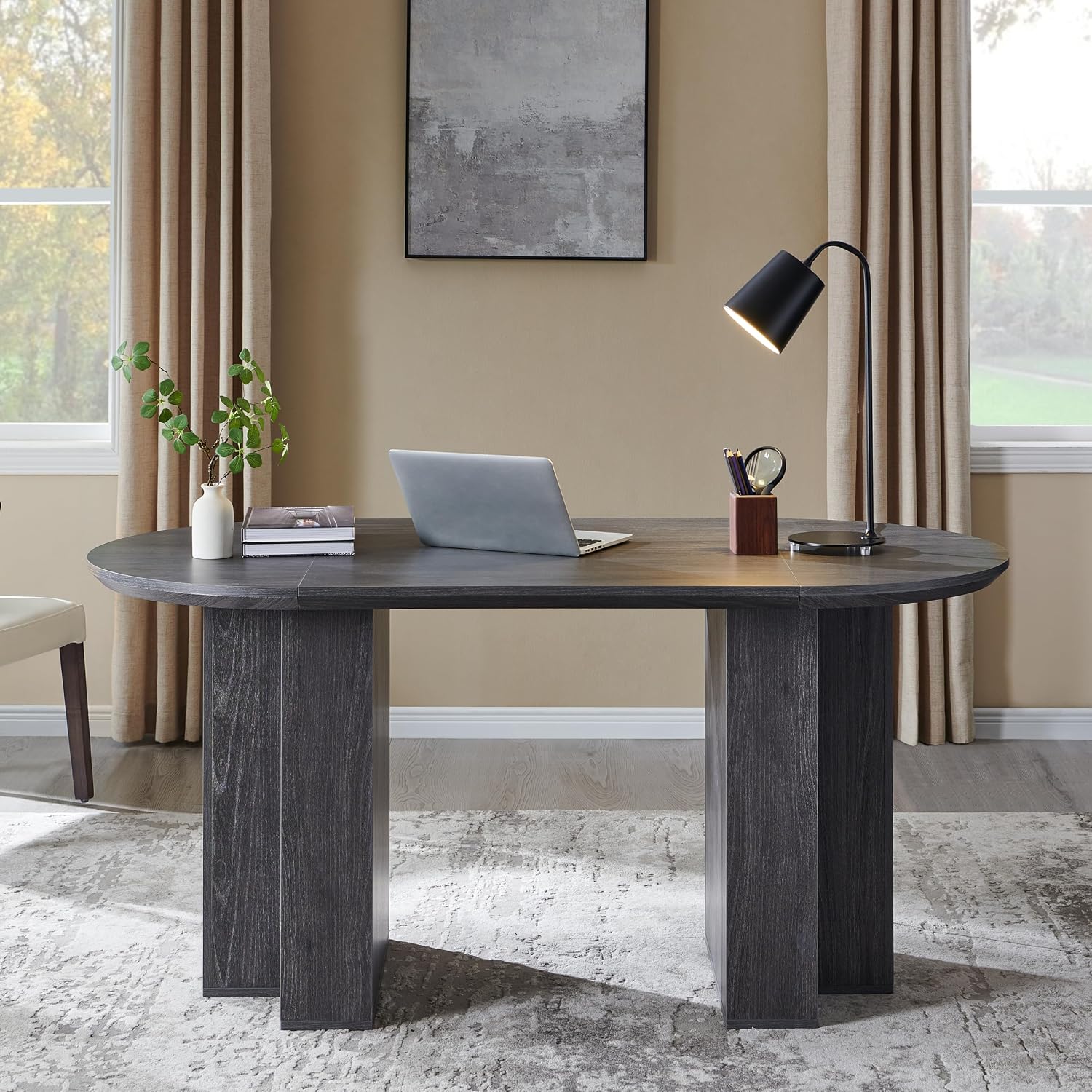 OKD 63 Inch Modern Wood Oval Dining Table for 4-6, Dining Room Table with Stable T-Shaped Base & Metal Frame & Thick Tabletop, Sturdy Kitchen Table for Dinner Room, Kitchen, Gathering, Dark Alder