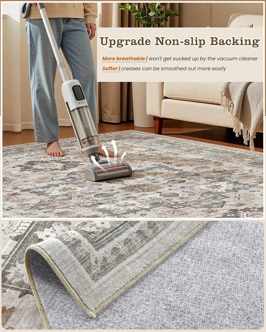 10x12 Vintage Area Rug: Washable Neutral Soft Non Slip Thin Large Floor Carpet for Living Room Bedroom Kitchen Dining Room Home Office Farmhouse Indoor - Taupe