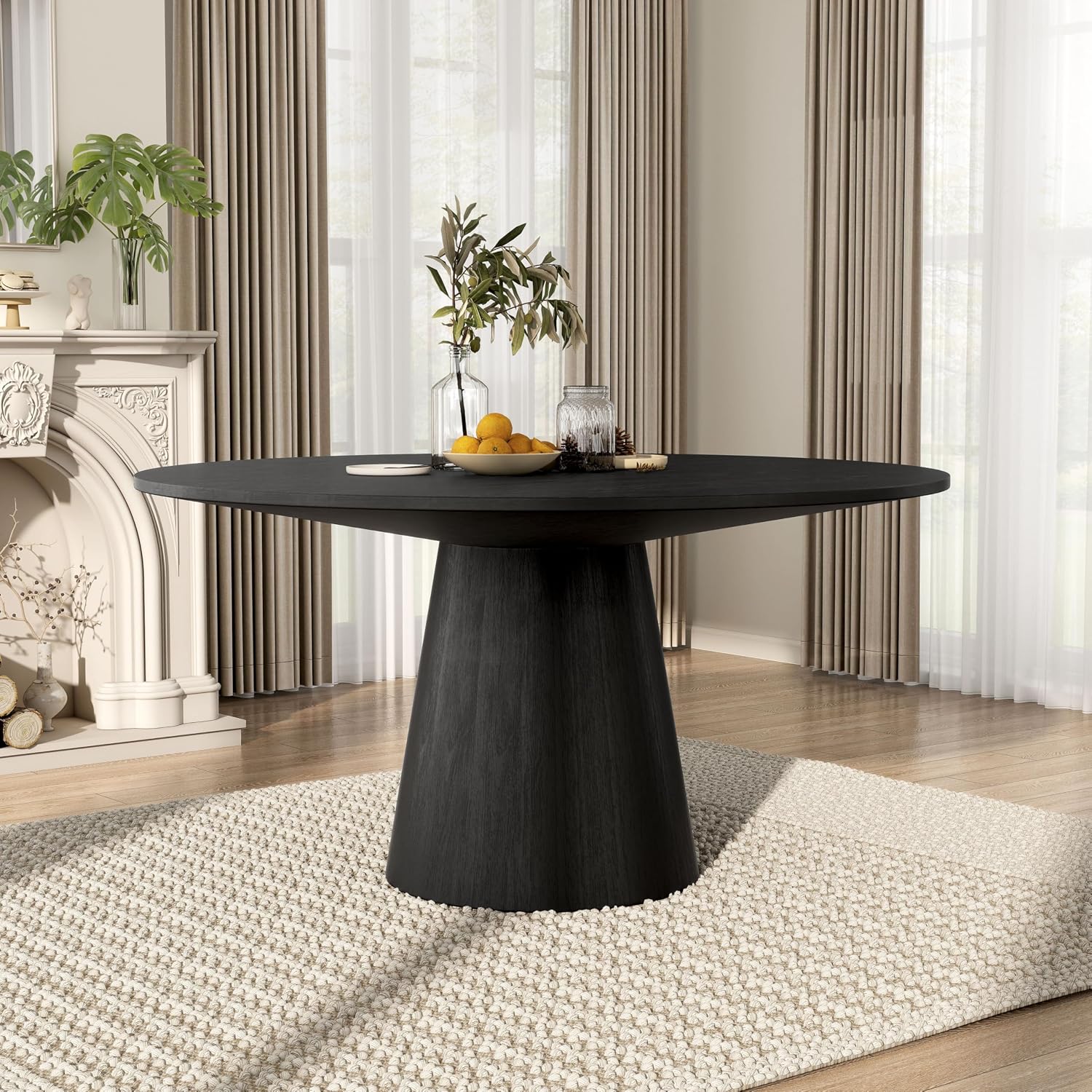 Furniture of America Lestara Modern Solid Wood 59-inch Round Dining Table with Tapered Pedestal Base, Seats up to 6, Easy Assembly, for Home, Kitchen, Living Room, Black