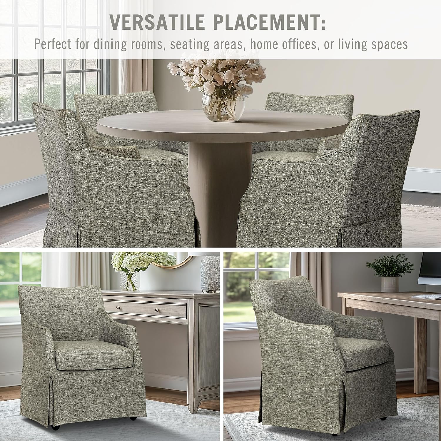 Martha Stewart London Dining Chair - Solid Wood & Plywood, Skirted Metal Base Accent Armchair, Lumbar Pillow -Modern Classic Family Dining Room Furniture 25' W x 26' D x 34' H, Grey