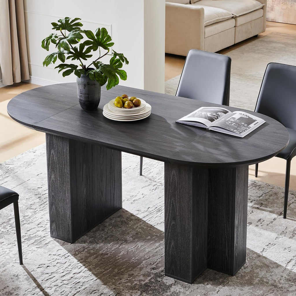 OKD 63 Inch Modern Wood Oval Dining Table for 4-6, Dining Room Table with Stable T-Shaped Base & Metal Frame & Thick Tabletop, Sturdy Kitchen Table for Dinner Room, Kitchen, Gathering, Dark Alder
