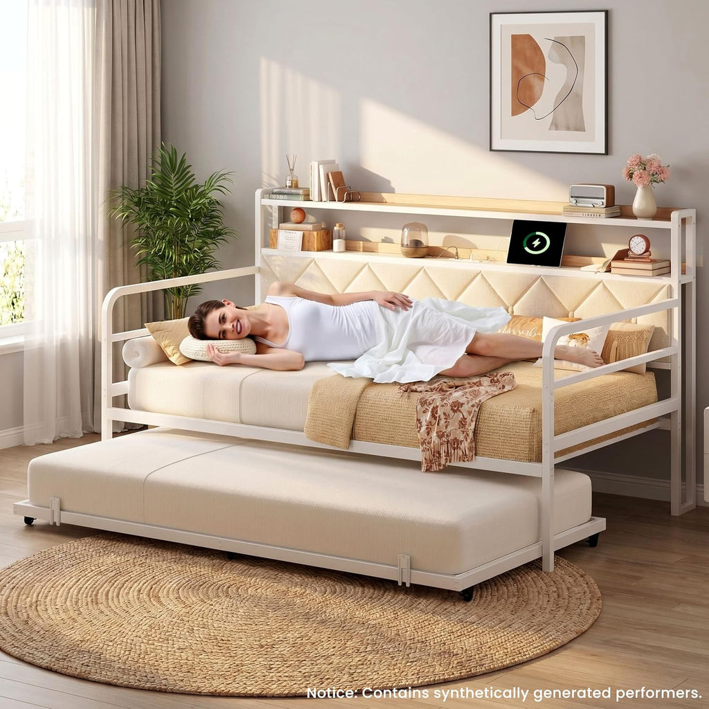 LIKIMIO Twin Daybed with Trundle, 700lbs Capacity, LED Lights & Charging Station, Twin Bed Frame with Storage, Convertible Sofa Bed for Bedroom, Living Room, White