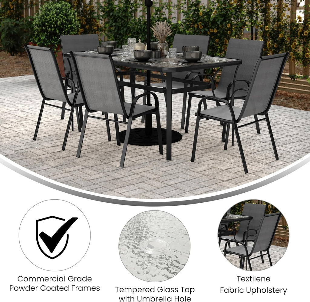 Flash Furniture Brazos Commercial Outdoor Dining Set, 60' Tempered Glass Patio Table with Umbrella Hole, 6 Stack Chairs with Flex Comfort Seats and Backs, Gray/Black