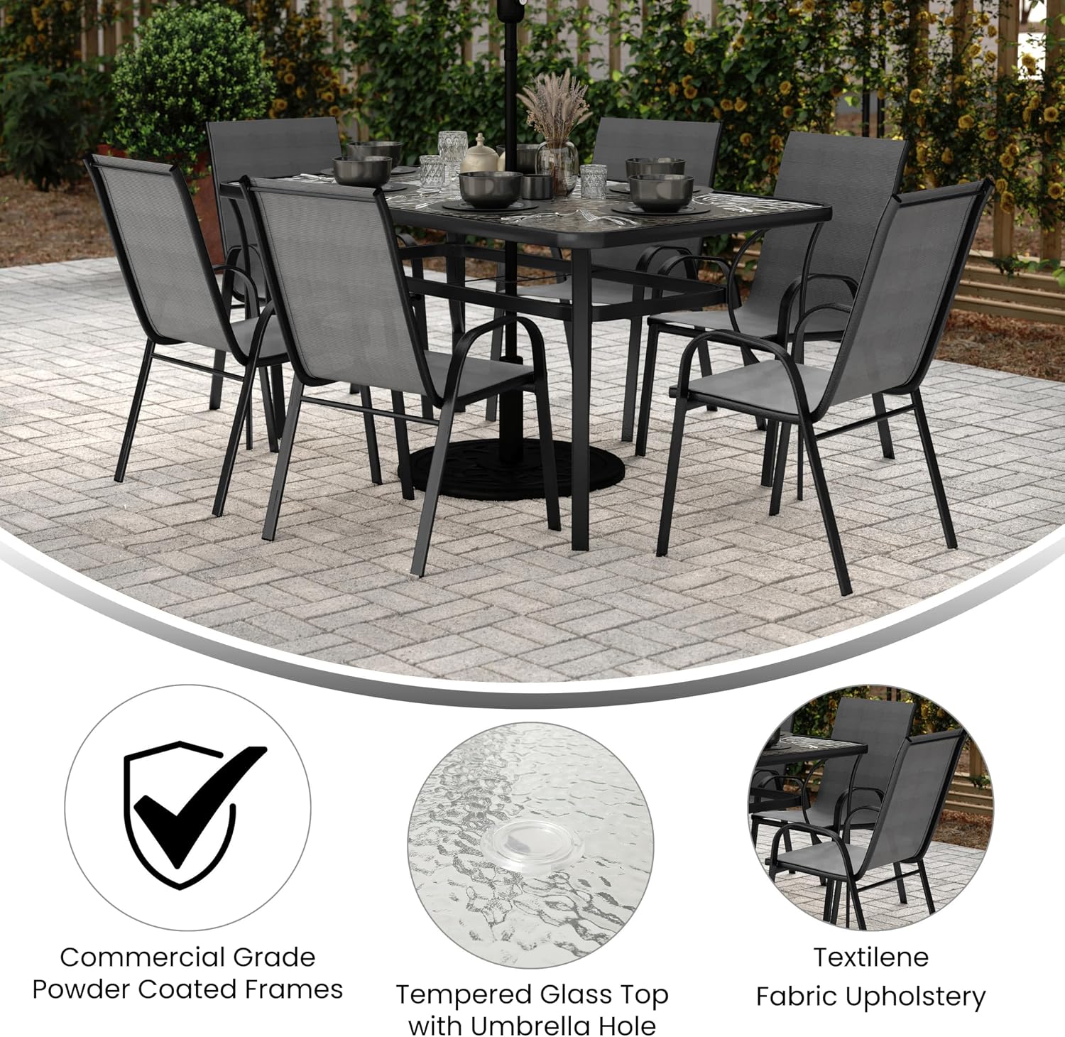 Flash Furniture Brazos Commercial Outdoor Dining Set, 60' Tempered Glass Patio Table with Umbrella Hole, 6 Stack Chairs with Flex Comfort Seats and Backs, Gray/Black