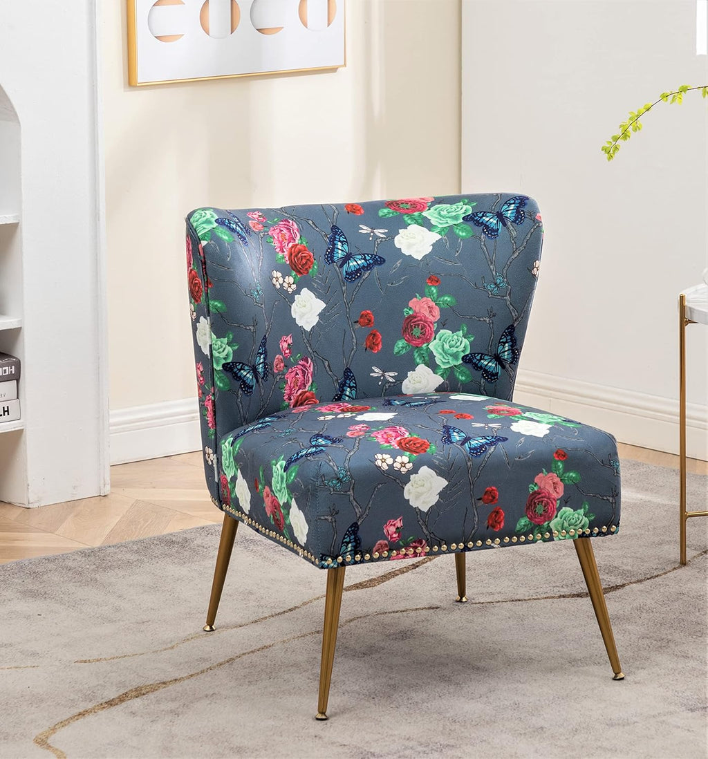 Container Furniture Direct Thia Armless Accent Chair for Living Room, Elegant Seat with Nailhead Trim, Gold Metal Legs and Comfortable Curved Back, 28' D x 25' W x 29.5' H, 07 Floral Print