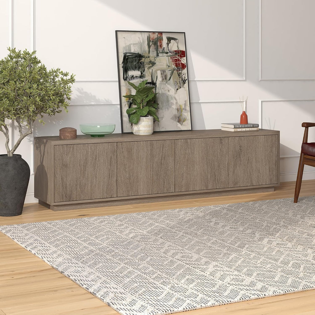Henn&Hart Fluted TV Stand for TVs up to 85' with 2 Concealed Ribbed Storage Cabinets and Adjustable Shelves for Living Room, Family Room, or Office, Weathered Gray