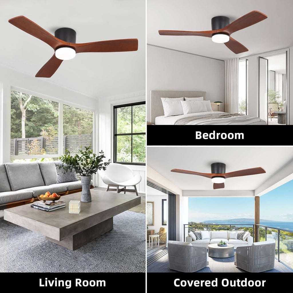 WINGBO 48 Inch Flush Mount DC Ceiling Fan, 3CCT Dimmable Light, 3 Carved Wood Blades, 6-Speed Noiseless Reversible DC Motor, Hugger Low Profile Fan, Matte Black Finish with Walnut Blades, ETL Listed