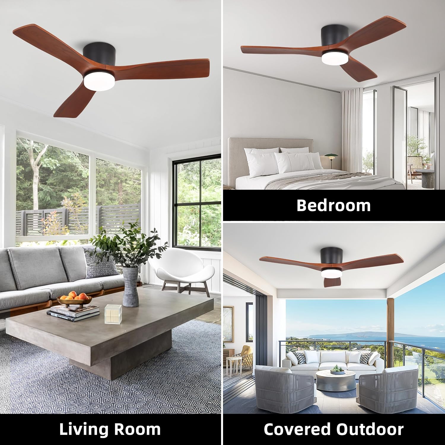 WINGBO 48 Inch Flush Mount DC Ceiling Fan, 3CCT Dimmable Light, 3 Carved Wood Blades, 6-Speed Noiseless Reversible DC Motor, Hugger Low Profile Fan, Matte Black Finish with Walnut Blades, ETL Listed
