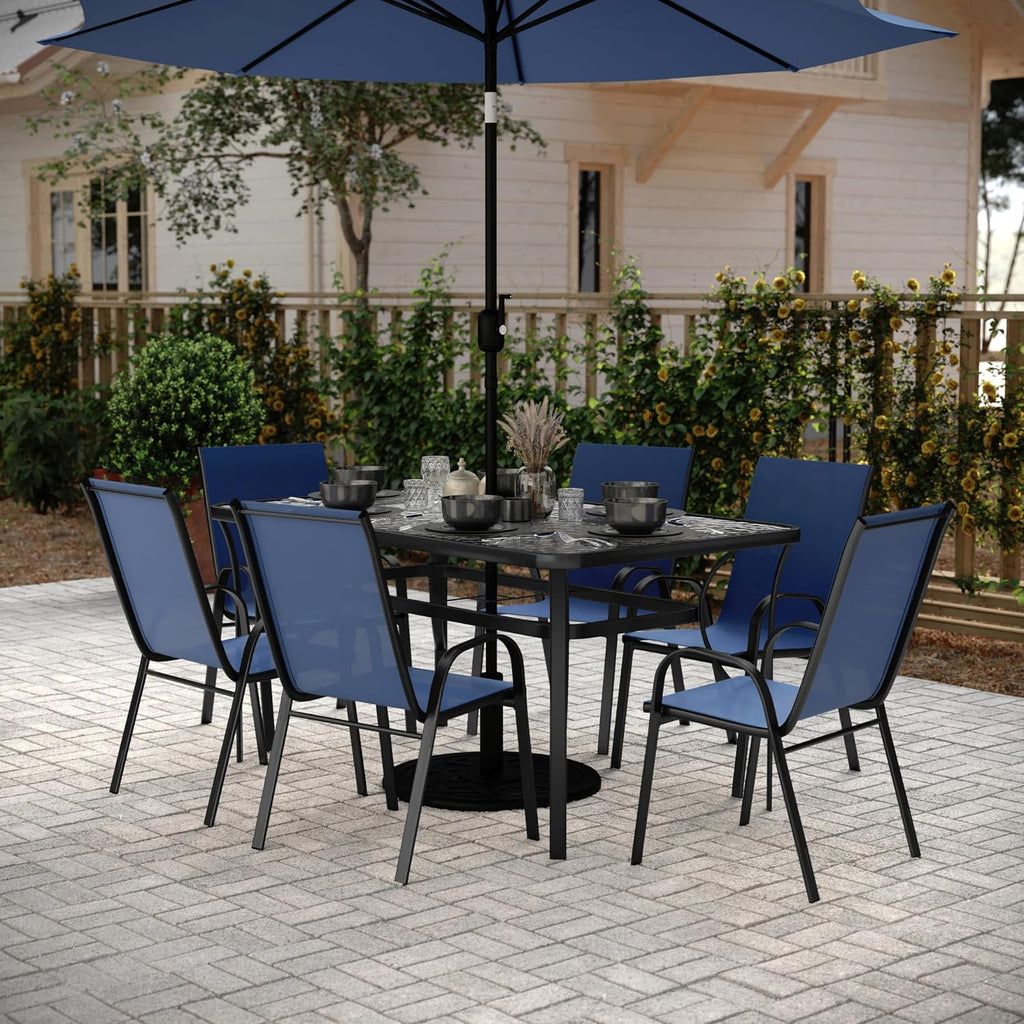 Flash Furniture Brazos Commercial Outdoor Dining Set, 60' Tempered Glass Patio Table with Umbrella Hole, 6 Stack Chairs with Flex Comfort Seats and Backs, Navy/Black