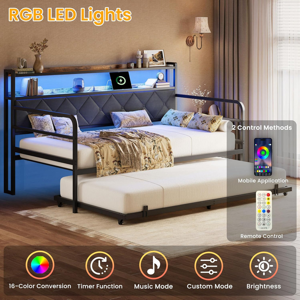 LIKIMIO Twin Daybed with Trundle, 700lbs Capacity, LED Lights & Charging Station, Twin Bed Frame with Storage, Convertible Sofa Bed for Bedroom, Living Room, Black